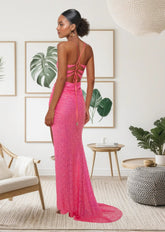Jocelyn | Hot Pink Mermaid Square Neck Prom Dress with Train and Slit - Hot Pink - PromDressClub